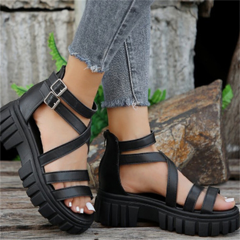Women's Soild Color Platform Sandals with Buckle Strap and