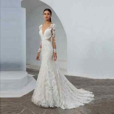 Sexey Scoop Neck Wedding Dresses Mermaid Bridal Gown Boho Illusion Lace Applique