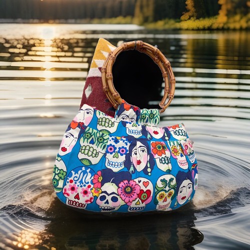 Frida Kahlo Day Of The Dead Sugar Skulls Rockabilly Handbag Bamboo Handles - Picture 13 of 16
