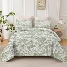 WONGS Queen 3Pc Quilt Set-Toile Floral Microfiber Bedspread Coverlet All Season