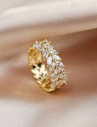 Moissanite Statement 14K Gold Band Unique Elegant Leaves Eternity Stacking Ring - Picture 2 of 15