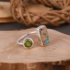 925 Sterling Silver With Copper Turquoise & Peridot Ring For Christmas Gift