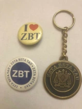 Zeta Beta Tau Medallion Key Chain Ring w/ 2 Buttons NOS VINTAGE RETIRED 