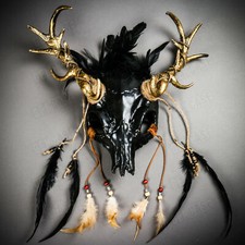 Black Antelope Devil Animal Skull Golden Horn Halloween Masquerade Mask Headgear