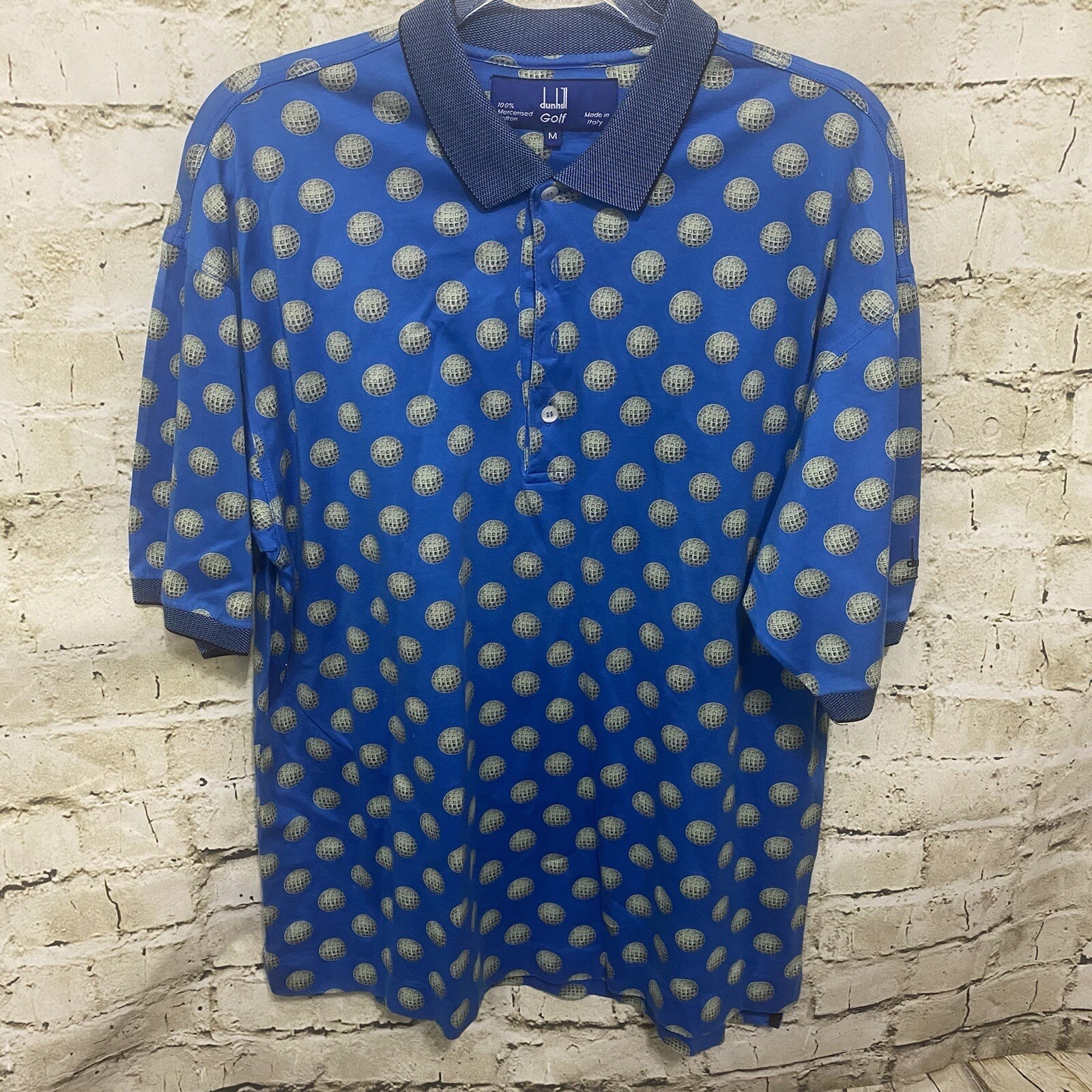Vintage Dunhill Golf Mens Medium Blue Golf Ball Print Made In Italy Polo Shirt