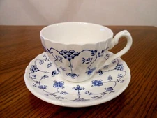 MYOTT Staffordshire England FINLANDIA Blue & White  Tea Cup & Saucer Set