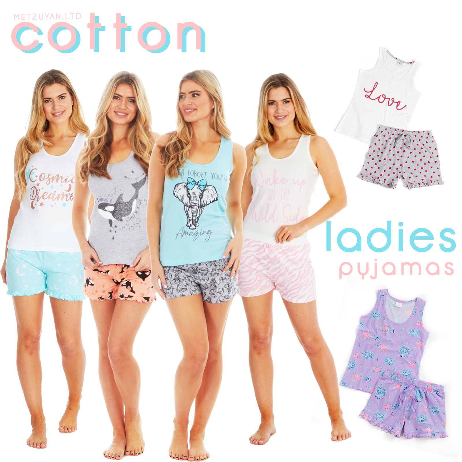 Ladies Sleeveless Pyjama Set Summer Holidays Breathable Vest and Shorts PJs  Sets