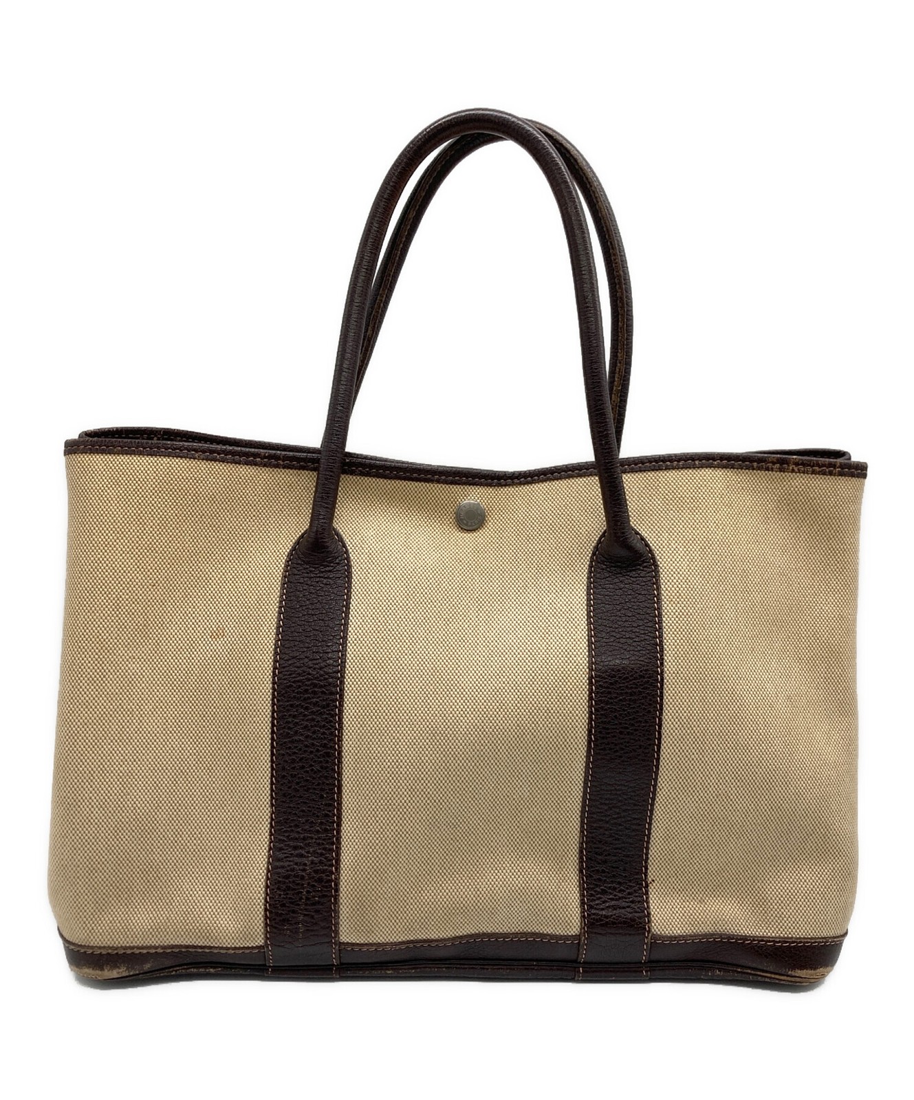 HERMES Tote Bag Garden Party PM Handbag White Brown Canvas Leather 14.4x9.7in 99