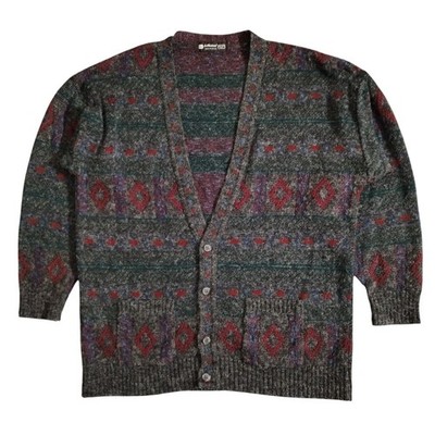 St Michael Strickjacke Herren 42 L Grau Multi Wolle Geometrisch Pullover Tasche Vintage 80er UK