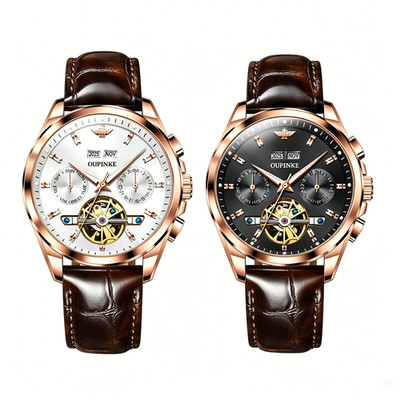 OUPINKE Men's Automatic Watch Skeleton Chronograph Rose Gold Leather Wristwatch