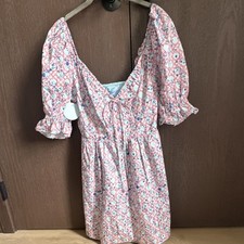 Hill House Ophelia Mini Dress Basketweave Vine Floral Pink Blue White - Size M