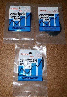 Chartpak Set Of 3 Black Graphic Tapes - ¼''×324'',  ''×324'', 1/16''×648'' New  *