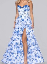 Blondie Nites Ball Gown Juniors Size 3 White Blue Floral Ruffle Tiered High Slit