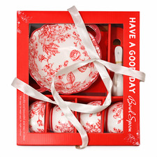 Suppenschüssel Set 9-teilig Keramik mit Löffel Geschenkbox Rot Blumenmuster