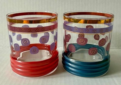 Vintage Sakura Sango MCM Glasses Barware Sue Zipkin Blue Red Tumblers Japan EUC