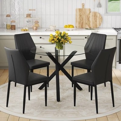 StnTalk 39  Round Glass Dining Table Set for 4 with Black