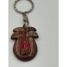 Hawaii Souvenir Pineapple Wood Keychain Painted Hibiscus Flower Brown Red