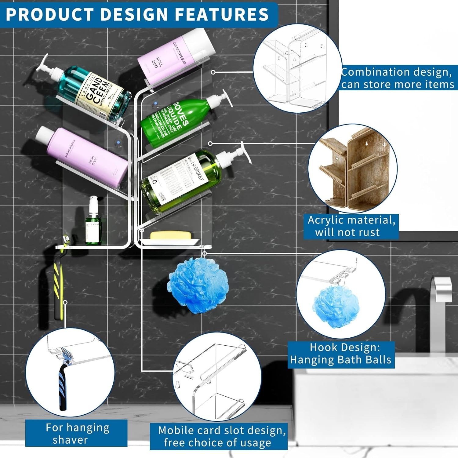 Clear Acrylic Bathroom Organizer with 6 Compartments - No Drilling Required