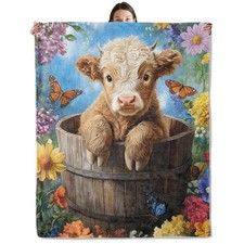 Cute Highland Cow in Barrel Blanket, Cozy Flannel Calf and Flowers Throw Blan...