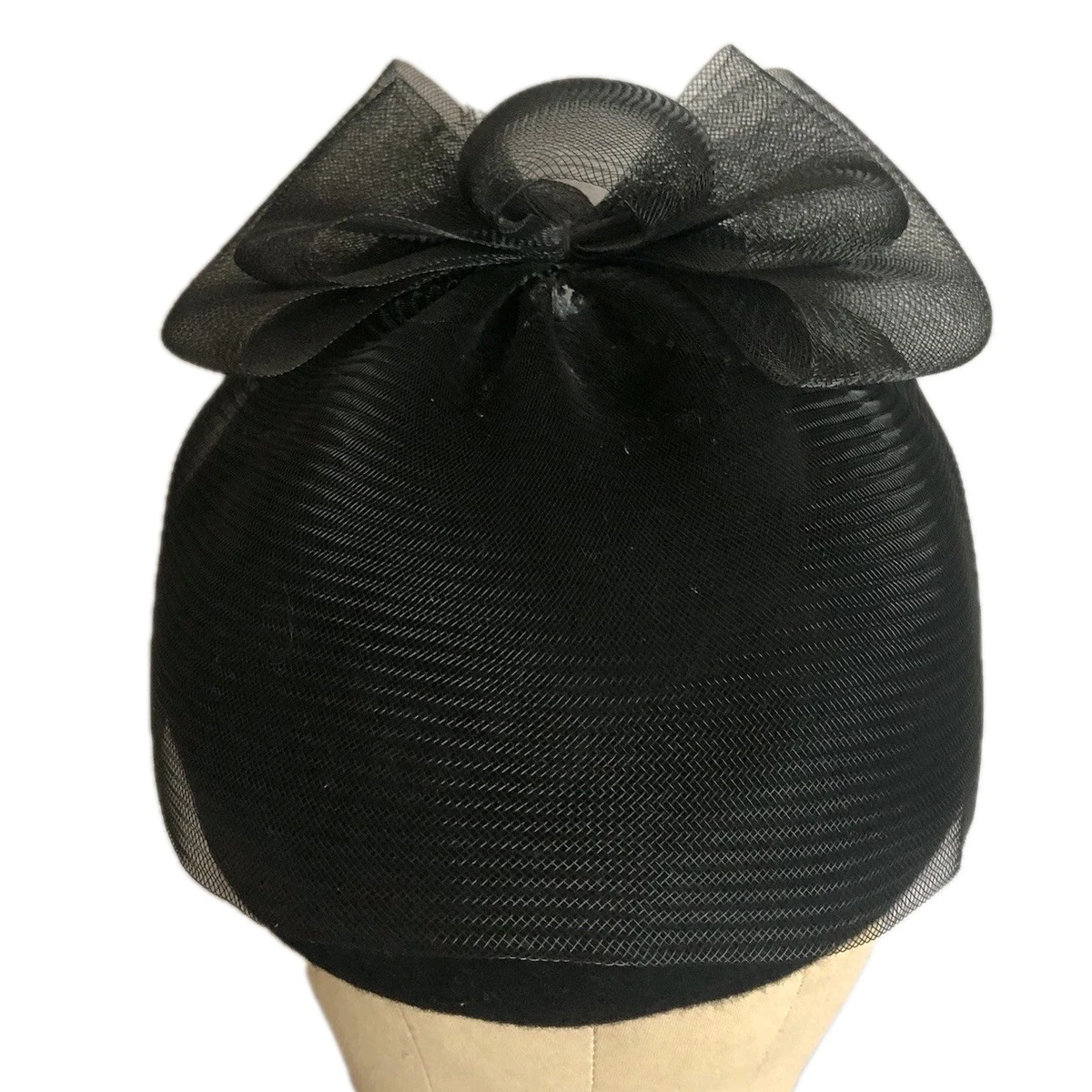 Black Womens Mesh Formal Pillbox Hat With Bow & Netting Elegant Vintage Style Pillbox Hat With Net VEIL and mesh bow with rhinestones  main image 3