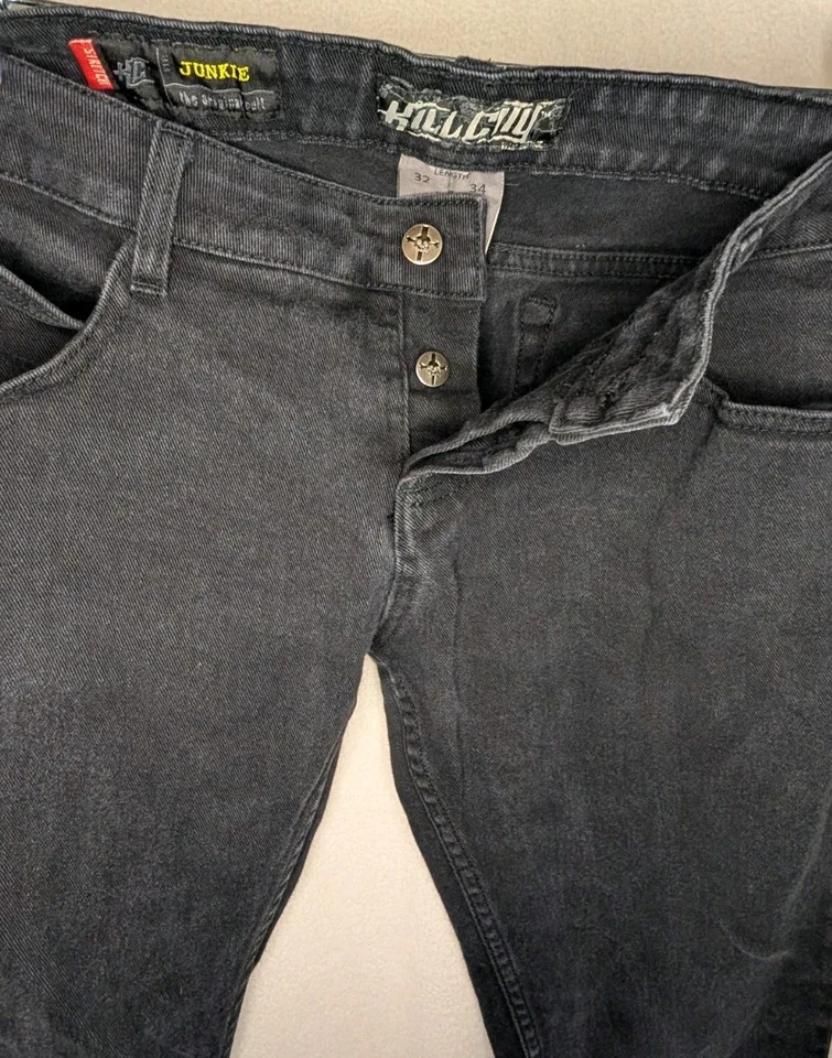 Pantalones de mezclilla Kill City Junkie negros de pierna recta con dos botones talla 33 Foto 4 de 4