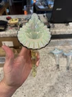 Fenton Epergne Trumpet Horn Only Yellow White Uranium Glass Metallic Trim RARE