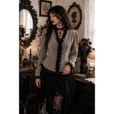 Whimsigoth Fairy Gothic Cosplay Gray Velvet Black Ruffles Puff Sleeve M Jacket