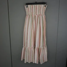 Mystic Sun Women's Dress Strapless Smocked Midi White Striped Ruffle Hem size S