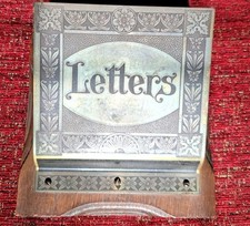 Antique Edwardian Brass Letter holder on Oak Wood Hanging Wall plaque.