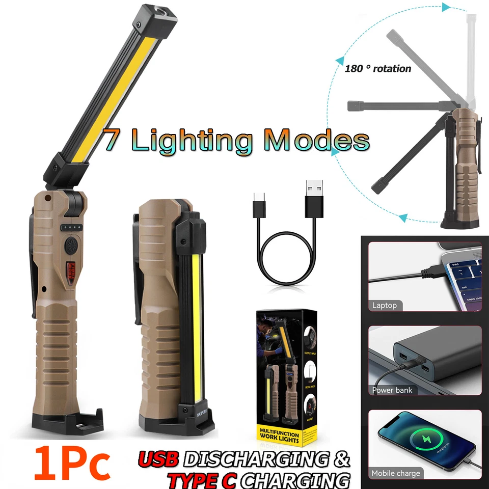 2/4 Pack Magnetic Base LED COB Work Light Rechargeable Mechanic Torch Flashlight - Image 3 of 4