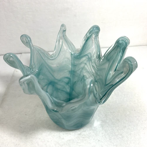 Vtg Italian Arte Murano Italy Aqua Sky Blue Ocean Wave Splash Art Glass Vase