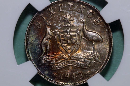 One Rainbow Toned 1943S Australia 6 Pence NGC Graded AU55 (2779165-005)