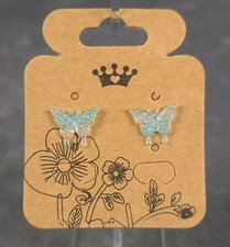 Blue Glitter Butterfly Resin Stud Earrings Stainless Steel Post  Butterfly Back