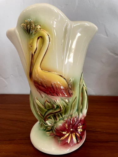 Vtg Hull Pottery 9" Flamingo Hibiscus Vase #78 Yellow Green Rose Gold Accents