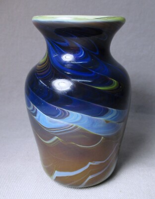 Tim Murray Brown & Blue Agate Swirl Art Glass Vase 4 1/2'' Signed
