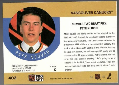 1990 Petr Nedved Pro Set Hockey Rookie RC Number 2 Draft Pick Canucks #402 - Picture 2 of 2