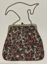 Vintage La Regale Evening Bag Purse Tapestry Clutch Chain Kiss Clasp Gold