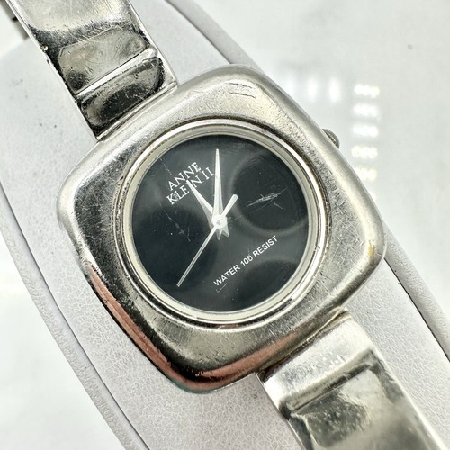 ANNE KLEIN II Silver Tone Bangle Bracelet Watch Quartz Black Dial New Battery 6” - 第 1/15 張圖片