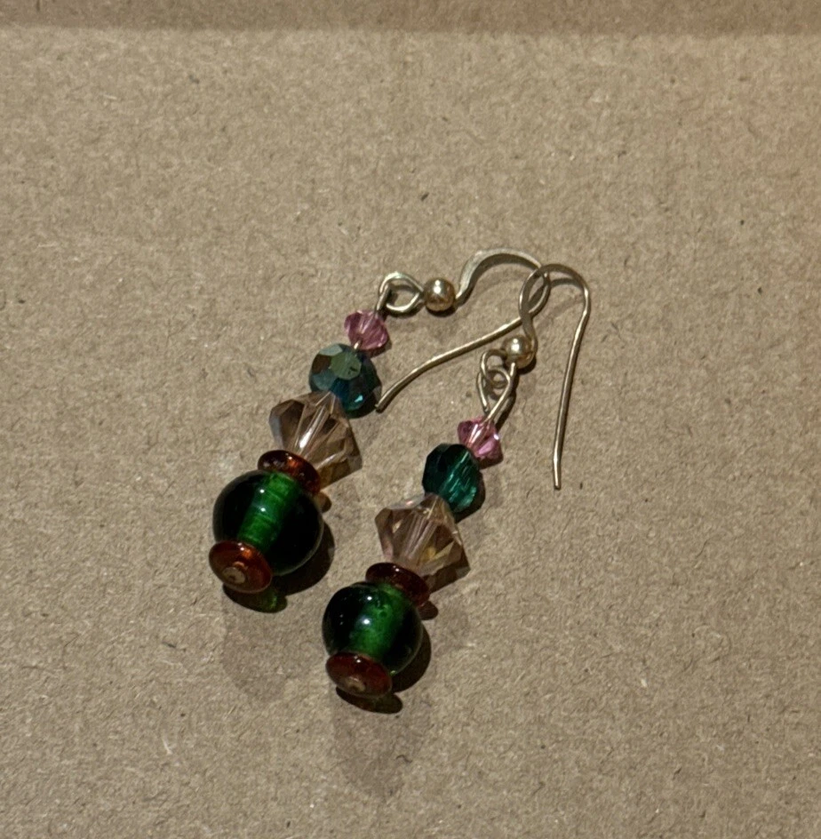 Pendientes de Cristal Artesanales Rosa Verde Amarillo Rojo Oro Tonificado Gancho Gota Foto 3 de 4