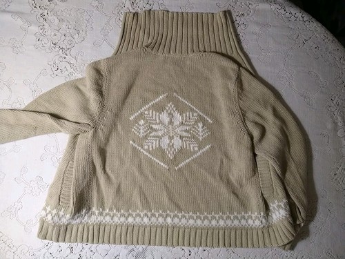 Eddie Bauer Cardigan Sweater Womens XL Tall Tan Snowflake Zip Up Big Collar - Picture 8 of 9