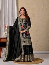 Attractive Heavy Chinnon Silk Top Palazzo With Black Dupatta For Festival Wear