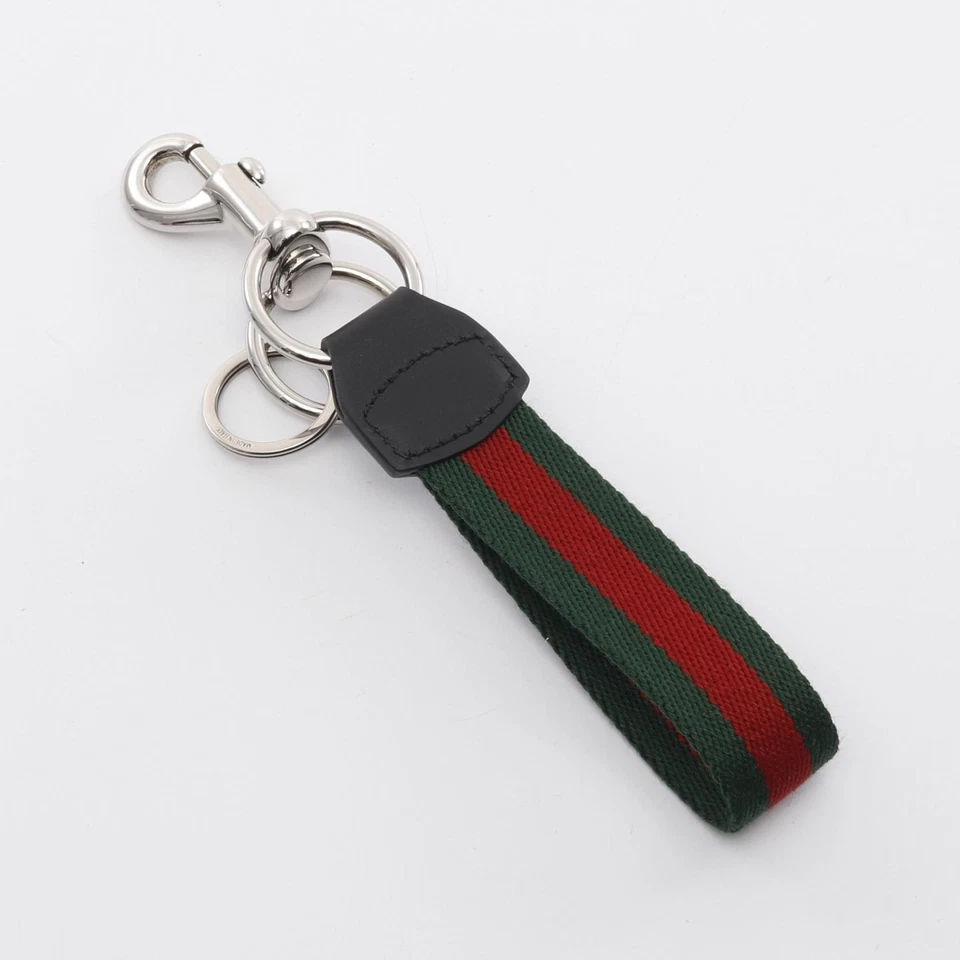 GUCCI Web Stripe KeyChain 804040JAAG1 8942 canvas leather metal Red Green NEW - Image 2 of 3