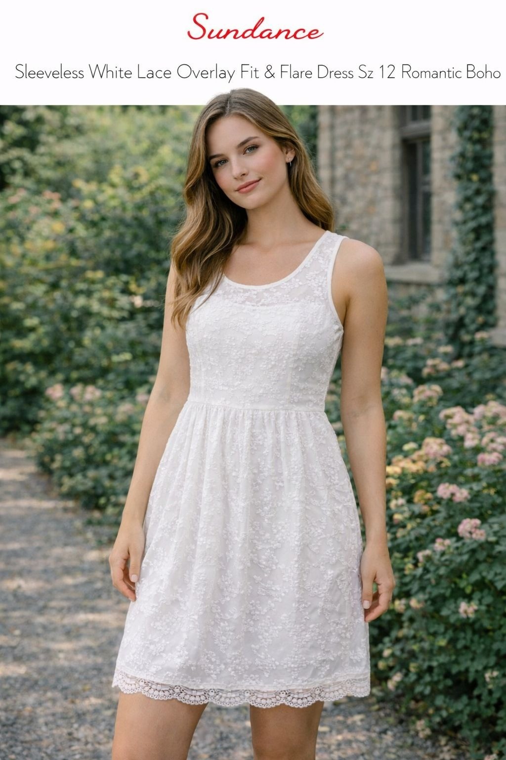 Sundance Sleeveless White Lace Overlay Fit & Flare Dress Sz 12 Fairycore Etherea