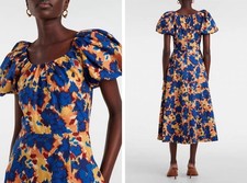 Women Ulla Johnson Cotton Floral Puff Sleeve A-line Flare Midi Dress
