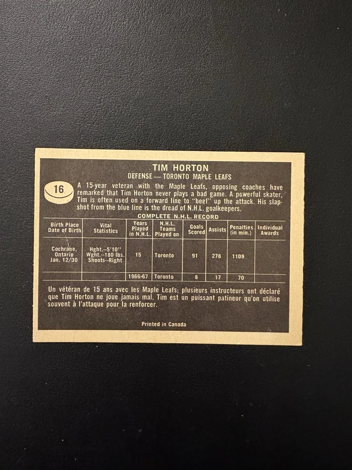 1967-68 TOPPS SET BREAK # 16 TIM HORTON HOF HIGH GRADE NM/MT SHARP! BEAUTY! - Image 3 of 3