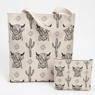 2 Pack Highland Cow Canvas Tote & Makeup Bag with Zipper Large Reusable Weste...