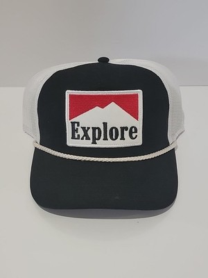 EXPLORE MOUNTAINS Hat Cap BLACK WHITE SNAP BACK PATCH LOGO ROPE TRUCKER OUTDOOR