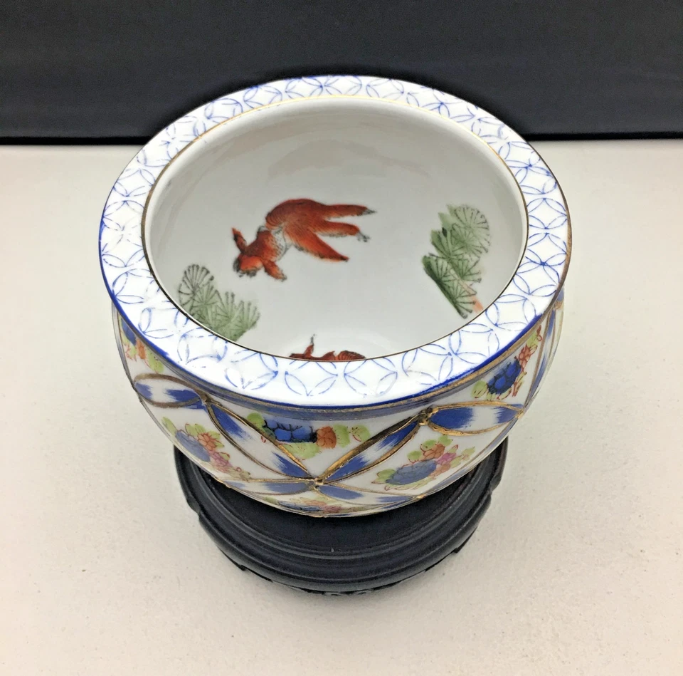 Maceta de porcelana asiática Koi pecera Chinoiserie Jardiniere HERMOSA AZUL 6 pulgadas Foto 3 de 4