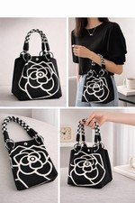 Black White Floral Tote Bag Lightweight Magnetic Closure Double Handles
