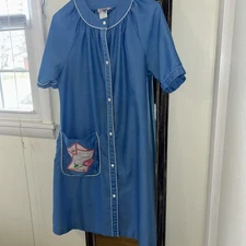 Vintage Smart Time Blue House Dress with Rose Love Letter Appliqué ,  Small